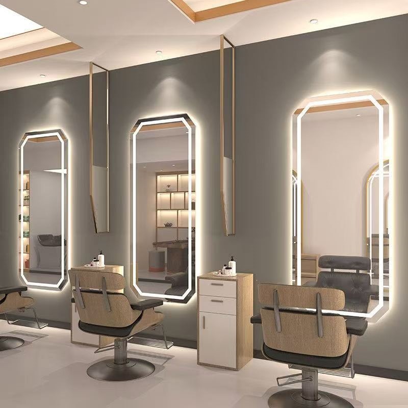 Fábrica mayorista de peluquería espejo con lámpara de peluquería espejo tabla de cabello especial tipo pared unilateral cortador de cabello espejo de permación