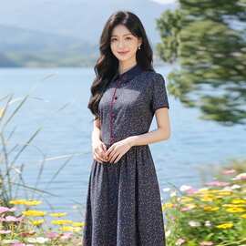田园风斜领碎花刺绣连衣裙女春夏收腰显瘦中长裙