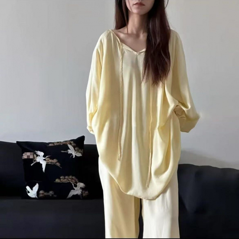 綿シルクパジャマセット女性のホーム服春と夏のパジャマ女性の夏フレンチレトロラウンドネック屋外で着用可能|undefined