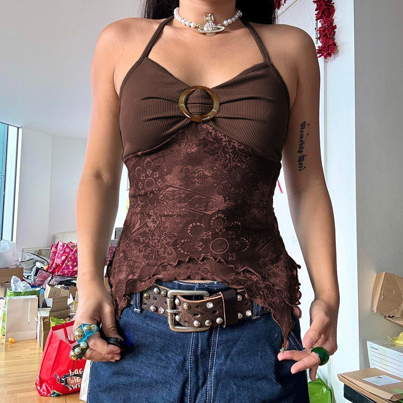 European and American Style Vintage Print Patchwork Camisole for Women with V-Neck and Irregular Slim Fit Halter Neck Tank Top European and American Style Vintage Print Patchwork Camisole for Women with V-Neck and Irregular Slim Fit Halter Neck Tank Top