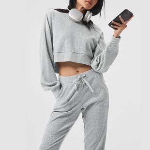 Al Yoga Yoga Sports Suit Threaded Loose Casual Hooded Sweatshirt Sports Two-Piece Set Autumn and Winter New Style
