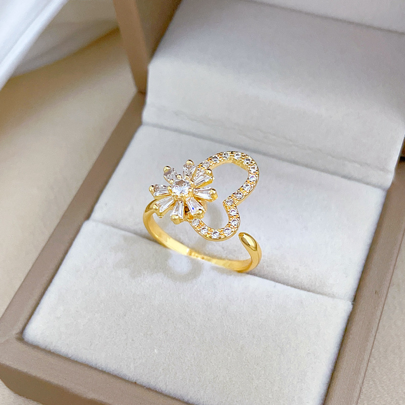 Rotating Flower Zircon Ring Personalized Adjustable Couple Ring_voghion.com
