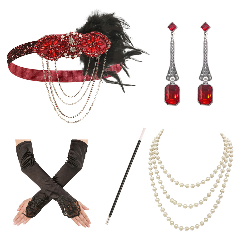 1920 Flapper vestido de niña disfraz de Halloween guantes de cigarrillos collar de varilla venda tira de lana conjunto de cinco piezas
