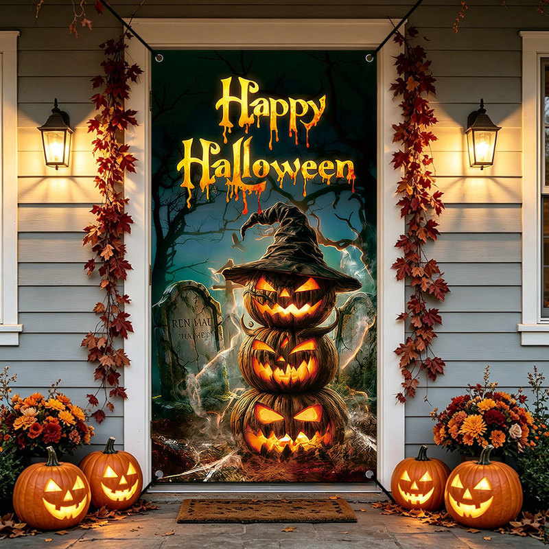 Qzbmt080 New Cross-Border Halloween Yard Decoration Horror Door Curtain Holiday Party Pumpkin Banner Door Cover
