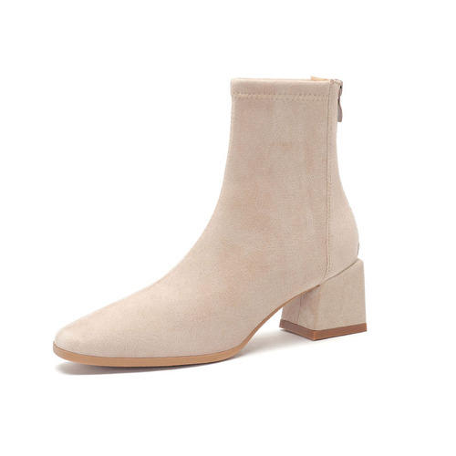 Fuhao square toe short boots for women thick heel women's boots French nude boots slim boots suede winter women's shoes stretch boots for women
