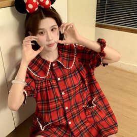 实拍夏季新款韩版睡衣女甜美格子可爱福袋小设计家居服短袖套装