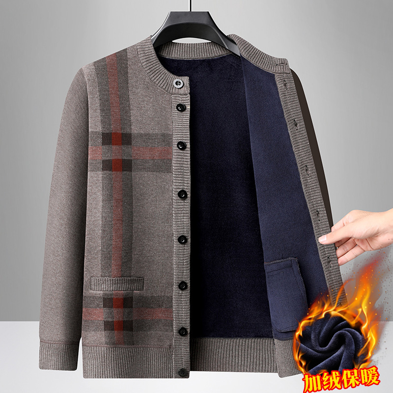 Dad's Autumn and Winter Fleece-Lined Thick Cardigan for Middle-Aged and Elderly Men, Warm Button-Up Knitted Sweater Jacket, Grandpa's Top Dad's Autumn and Winter Fleece-Lined Thick Cardigan for Middle-Aged and Elderly Men, Warm Button-Up Knitted Sweater Jacket, Grandpa's Top