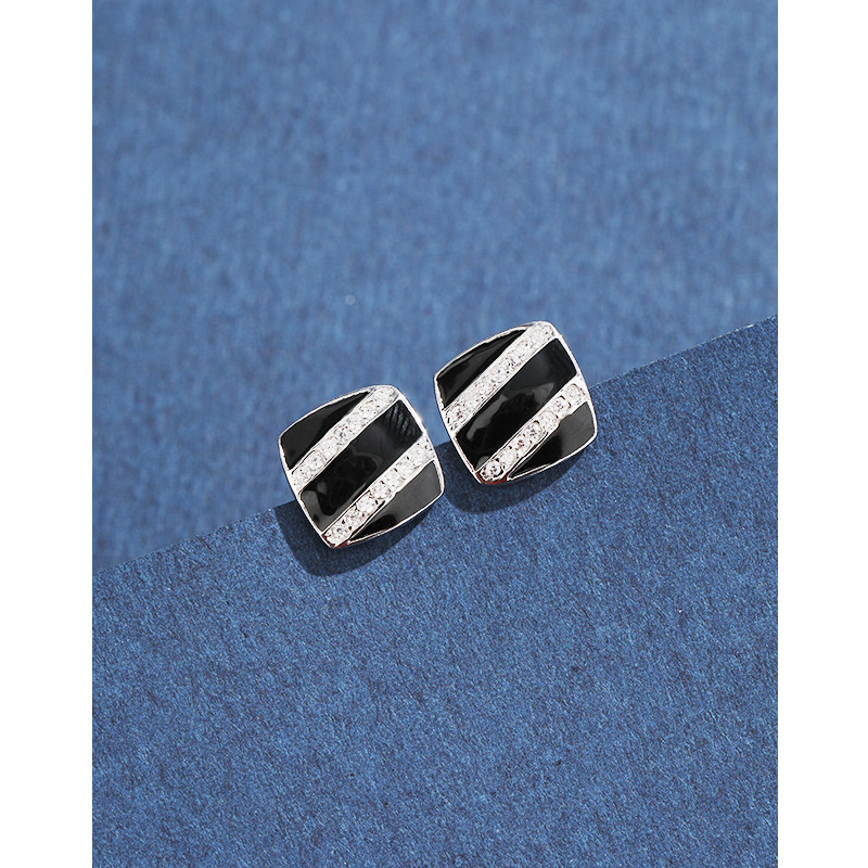 Cuadrado pendientes negros de plata esterlina femenina 925 diseño único de nicho pernos de zircón temperamento alta sensación de goteo de aceite pendientes