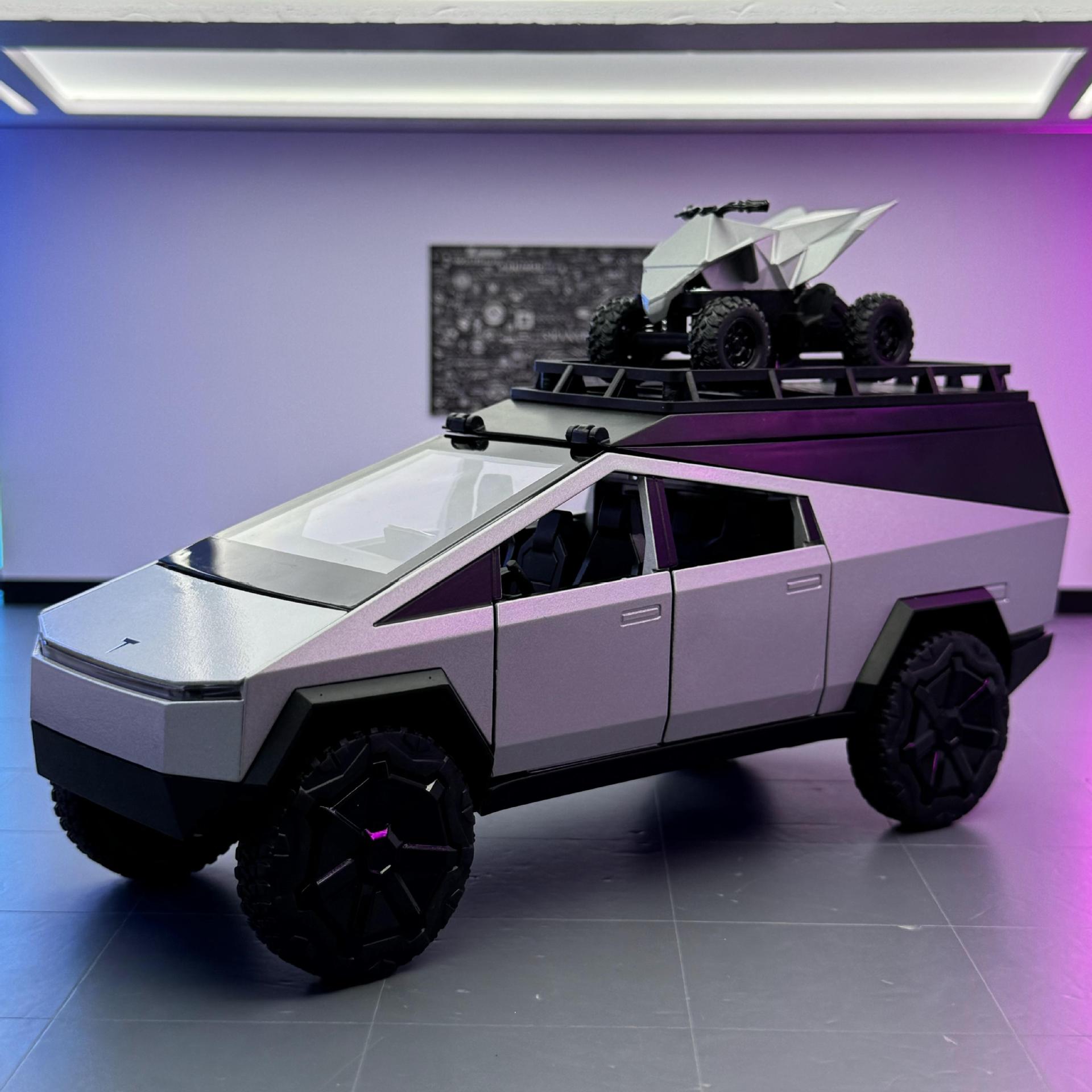 Coche a modelo de coche de aleación 1:24 Tesla Pickup Camping RV Sonido y luz atrás Coche de juguete Decoración del modelo musical