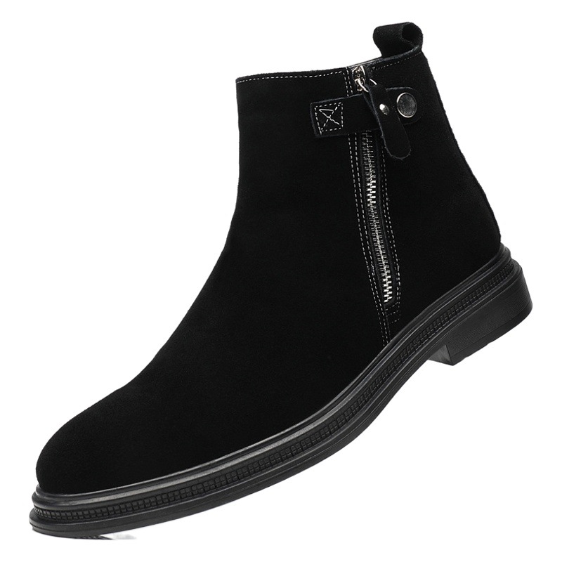 Men's Genuine Leather Chelsea Boots British Style Suede Leather Men's Shoes Autumn and Winter New Style Cowhide Plus Velvet Short Boots Martin Boots