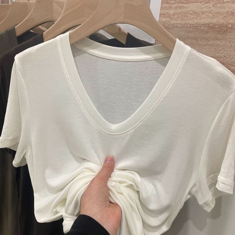 Short-sleeved T-shirt Women's Top Tencel Wool T-shirt Slim-fit Slimming High-end Sense Fashion Slim-fit Casual All-match Comfortable