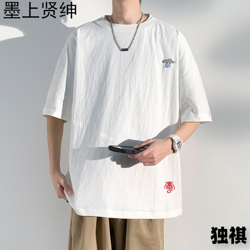 Camiseta de algodón y lino con manga media suelta bordada para hombre de manga corta, camiseta de verano para hombre, ropa de lino, camiseta de talla grande