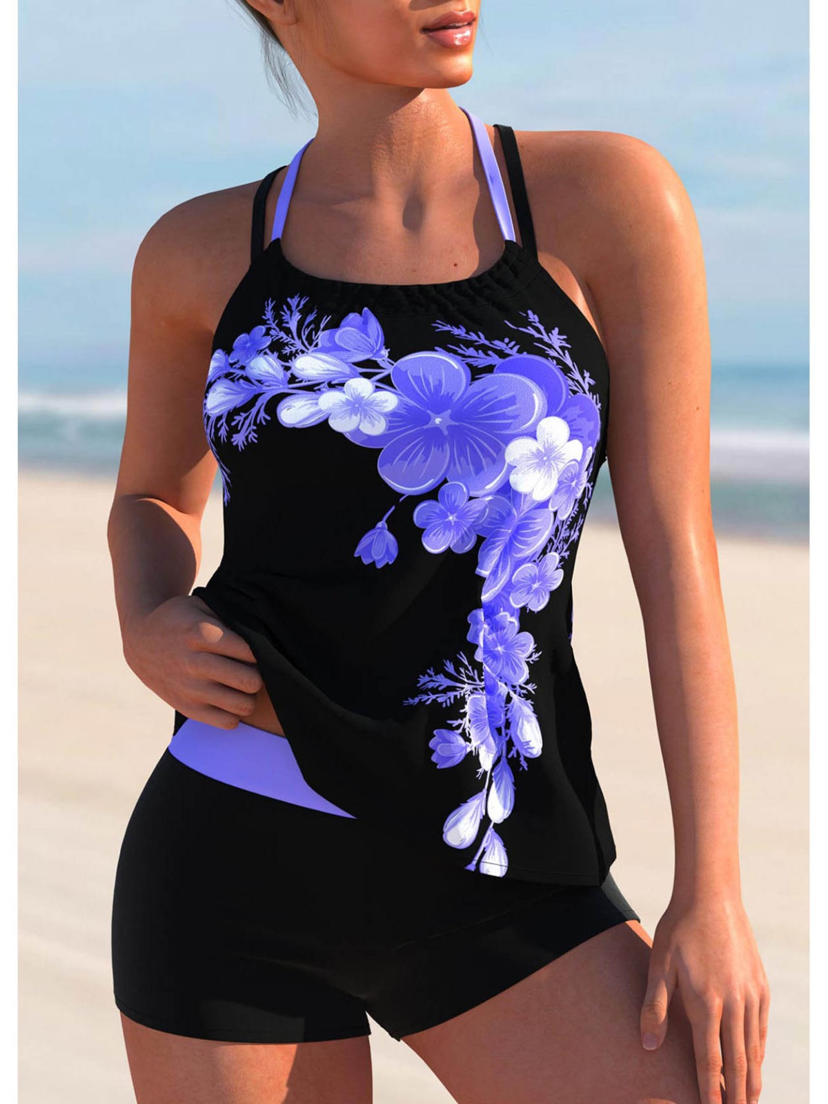 WOLFF black tankini with double straps and print