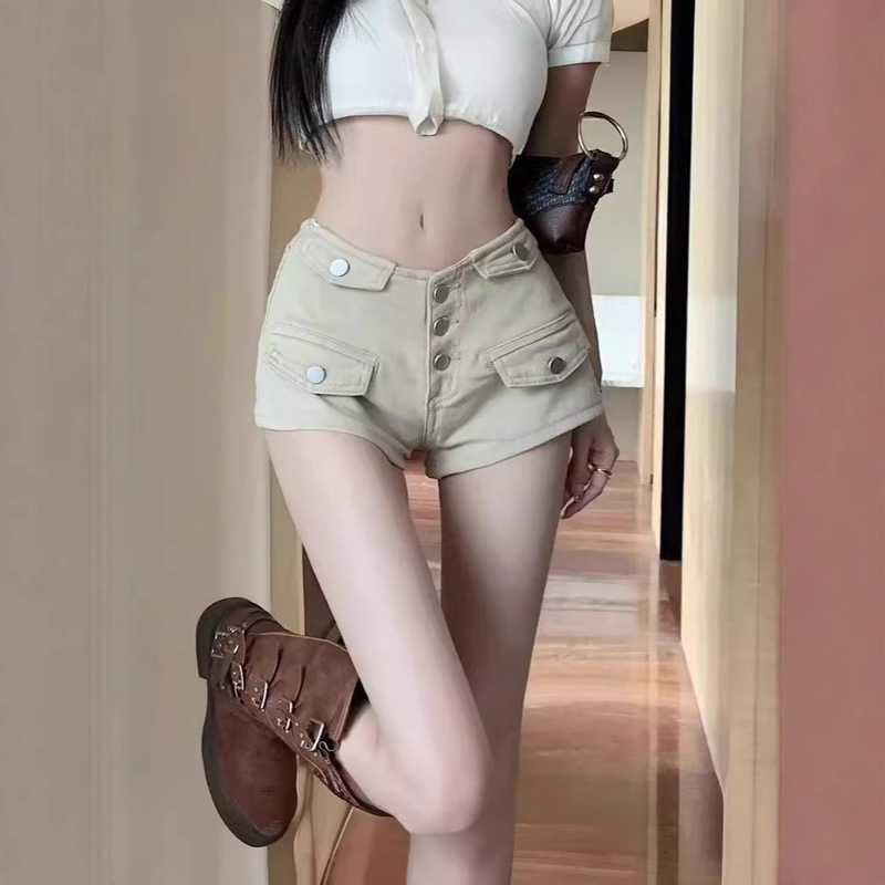 Light Color Tooling Denim Shorts Women's Hot Pants Small Sexy Low Waist Slimming Stretch Straight Wide Leg Pants Summer