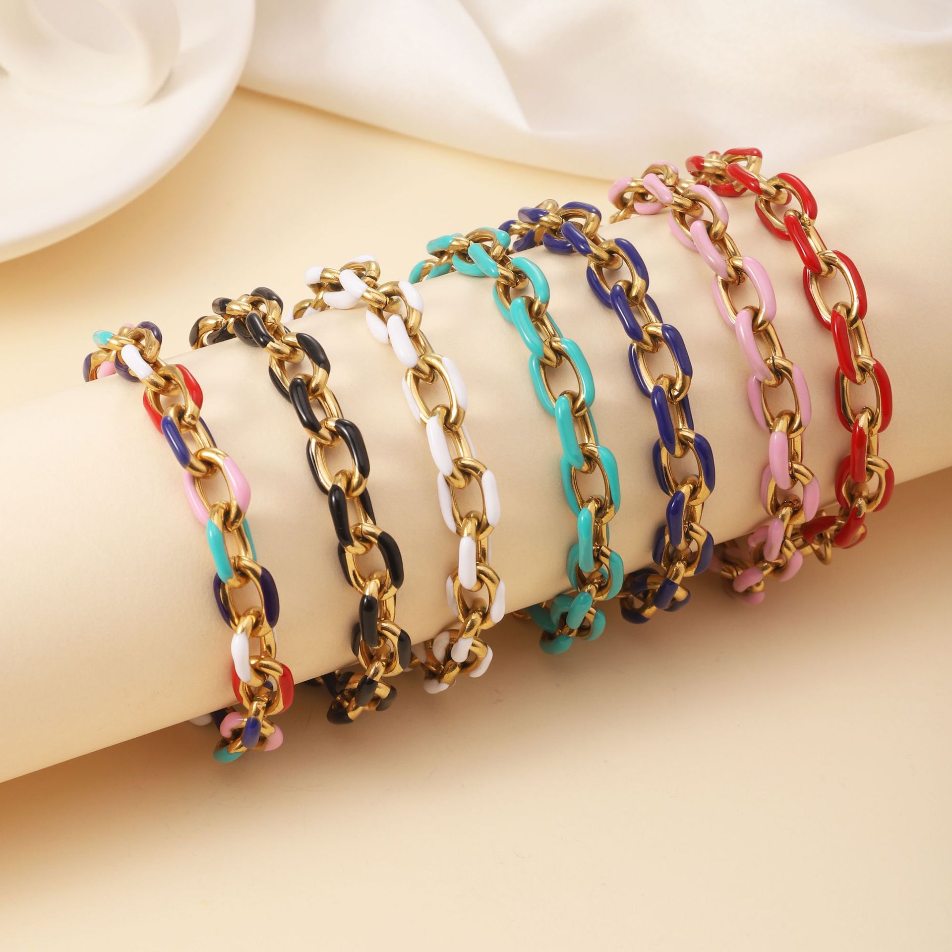 Stainless Steel Colorful Oil Dropping Bracelet European and American Women's Fashion All-match Enamel Color Bracelet Plated with 18K Gold and Titanium Steel Bracelet