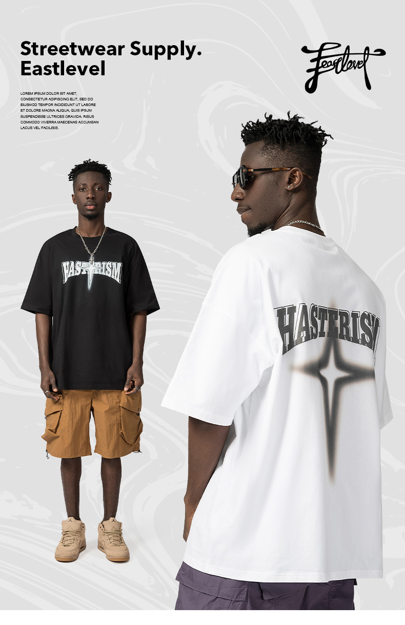 American High Street Fashion Brand T-shirt Men's Short Sleeve Star Print Loose Oversize Off Shoulder Cotton Round Neck_voghion.com