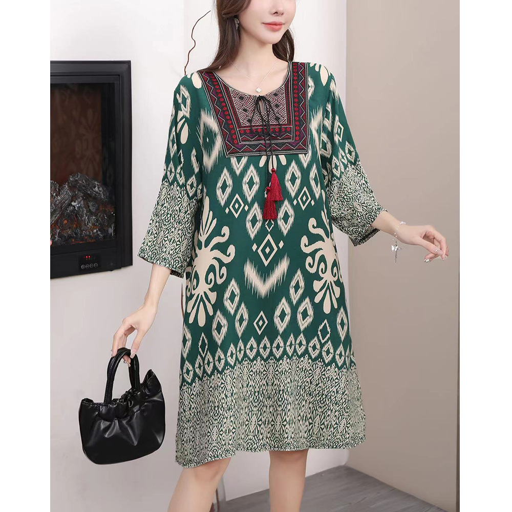 タイ風Aラインコットンワンピース、夏向け、クロスボーダーコットンシルクワンピース、アーティスティックレトロエスニック風婦人服