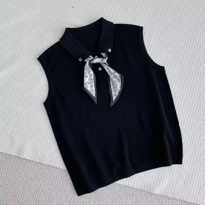 新款韩版百搭修身显瘦Polo领T恤女时尚翻领丝巾针织无袖背心上衣|undefined