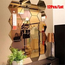 12Pcs Hexagonal Frame Stereoscopic Mirror Wall Sticker Decor