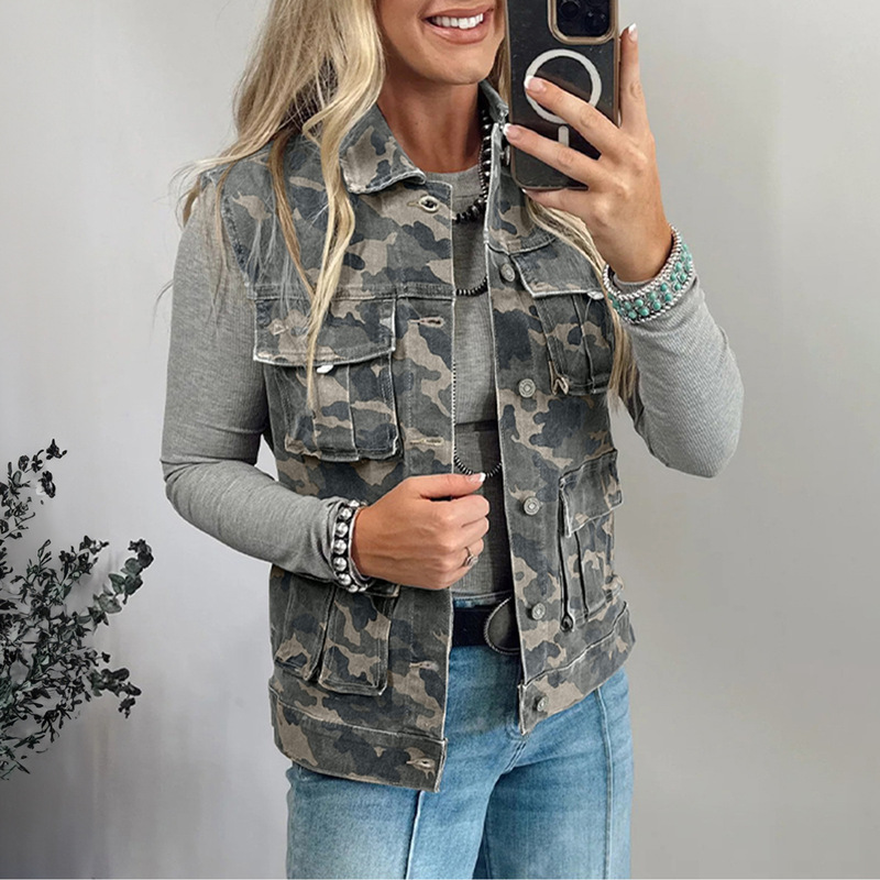 Trendy Denim Vest for Women, European and American Fashion, Retro Camouflage, New Style, Multi-Pocket, Western Simple Top, Women's Jacket