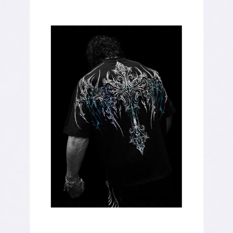 Breathedivinity Men's Large Size T-Shirt Dark Style Oversized Printed Short-Sleeved Sports Fitness Cotton T-Shirt