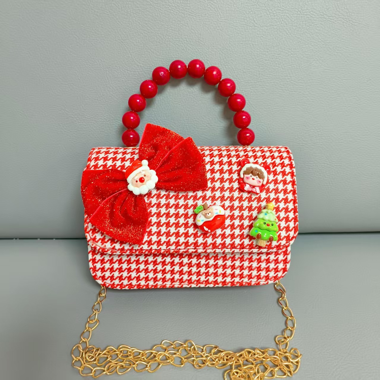 Cartera de Año Nuevo rojo arco de papá Noel bolso de perla pequeña cadena de viento fragante bolso de hombro