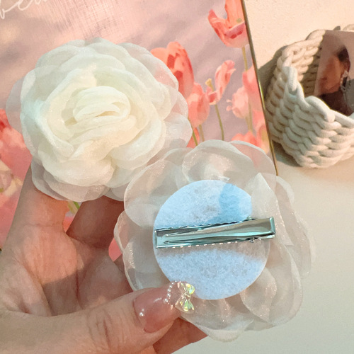 Spring New Georgette Flower Hair Clip Chiffon Net Fabric Rose Hair Flower Fashion Stunning Side Clip Duckbill Clip For Women