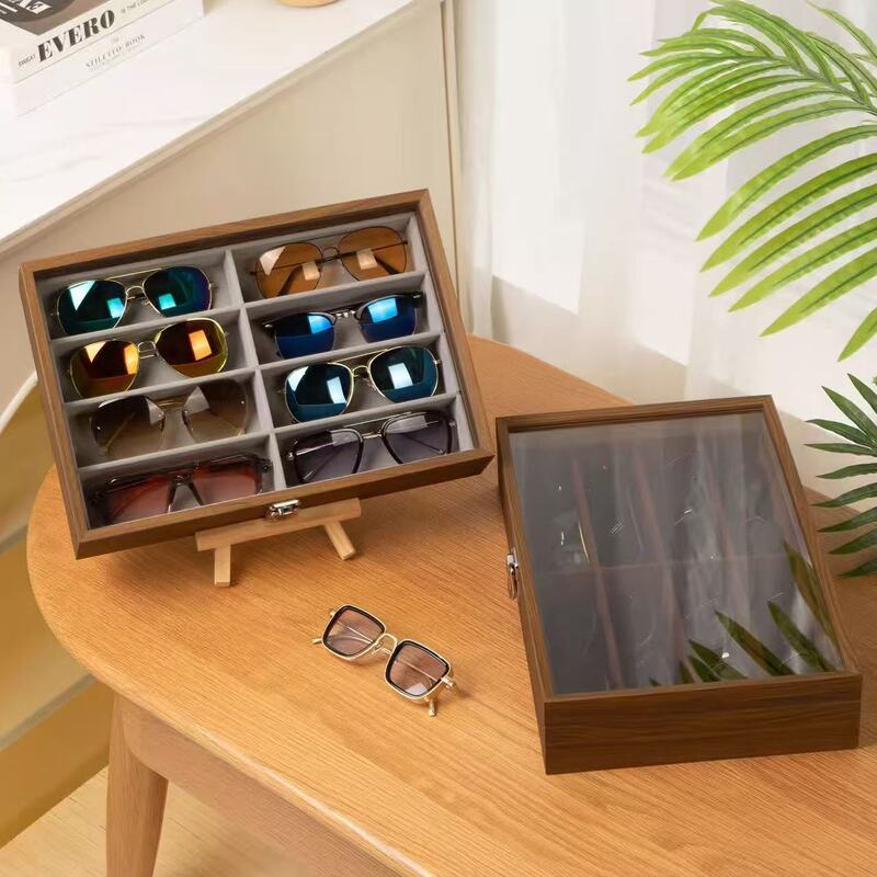 Cross-Border New Model Factory Direct Sale Wooden Glasses Display Box with 8 Compartments, Multifunctional Sunglasses Display and Storage Box with Lid