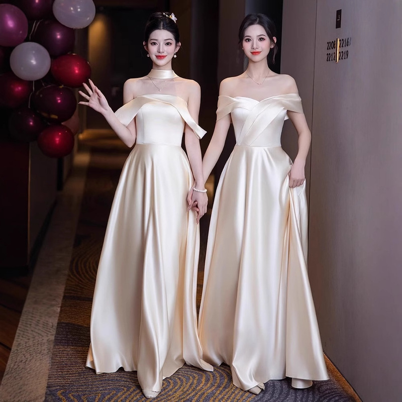 Sisterhood Annual Meeting Bridesmaid Dress 2026 New Style Simple Satin Champagne-Colored Gown for Women That Can Be Worn in Summer Sisterhood Annual Meeting Bridesmaid Dress 2026 New Style Simple Satin Champagne-Colored Gown for Women That Can Be Worn in Summer
