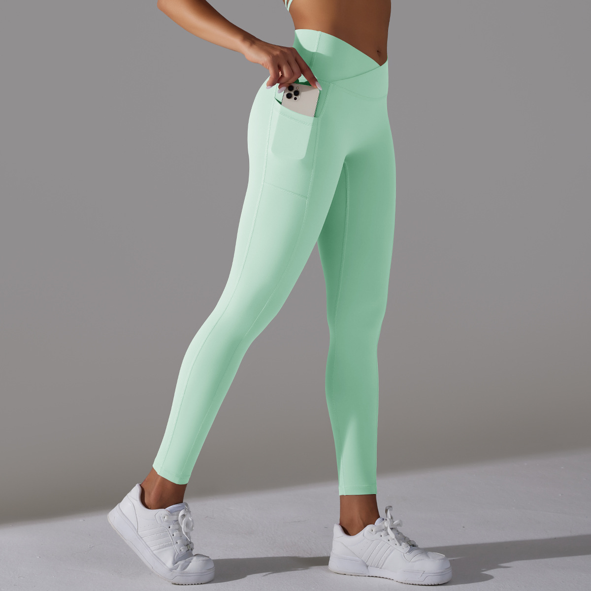 Abbigliamento da donna Pantaloni da yoga con tasca sui fianchi incrociati in nylon double face a vita alta, pantaloni da fitness da corsa sportivi_voghion.com