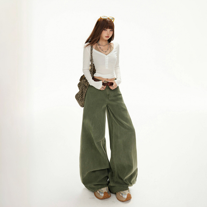 2-Color American Retro High-Waisted Loose Wide-Leg Pants with Drape, Floor-Length Straight-Leg Jeans for Women, New & Extended Length