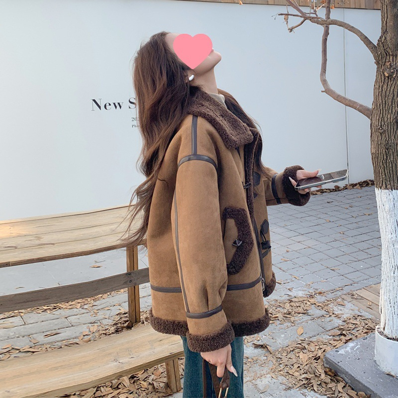 Maillard Fur All-In-One Motorcycle Jacket Women's Winter Wear 2024 New Small Velvet Thickeneded Imitation Lamb Wool Jacket