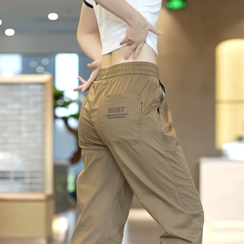 2025 Workwear Ice Silk Casual Pants Men's Loose Leg-Tie Summer Thin Quick-Drying Pants New Sports Nine-Point Pants