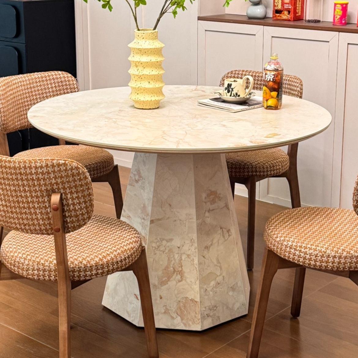 2026 French retro Monet Garden travertine dining table, modern minimalist mid-century style round high-end dining table