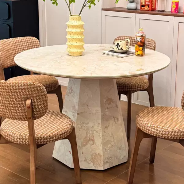2026 French retro Monet Garden travertine dining table, modern minimalist mid-century style round high-end dining table