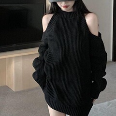 慵懒风法式露肩圆领黑色针织毛衣女秋冬2025新款宽松韩版上衣外套