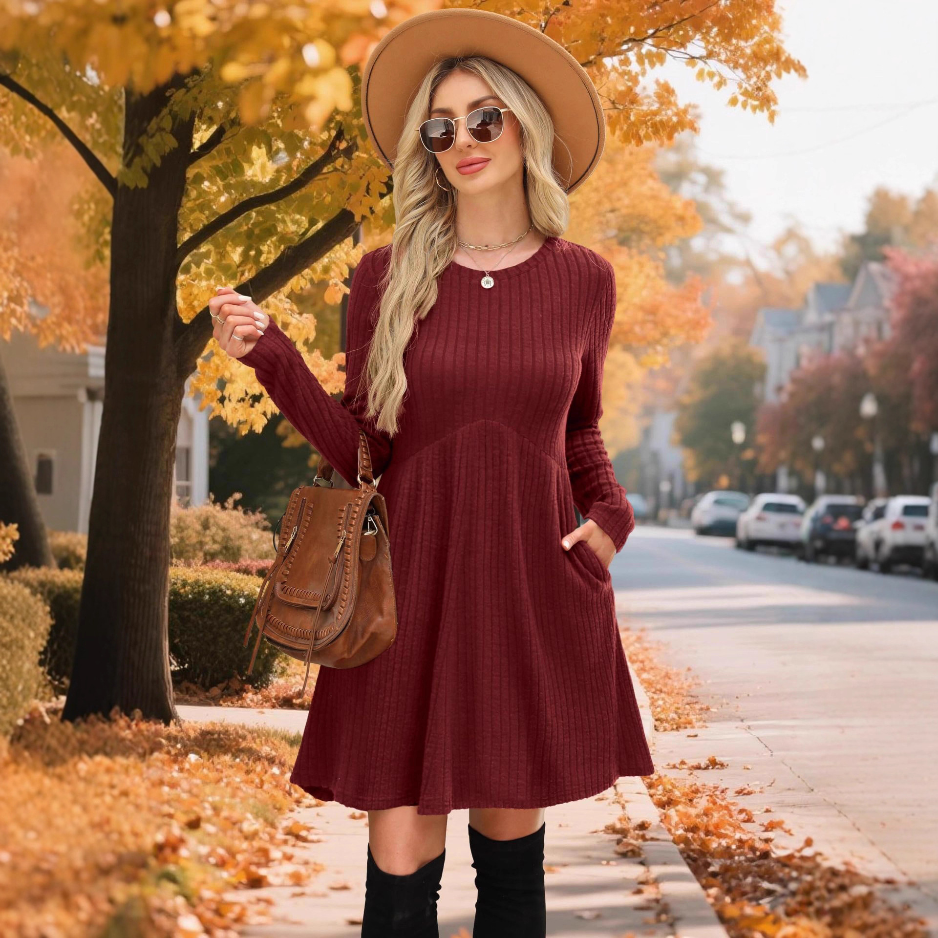 2025 Thick Autumn/Winter Bohemian Irregular Brushed Over-the-Knee Solid Color Women's Dress Umbrella Skirt_voghion.com