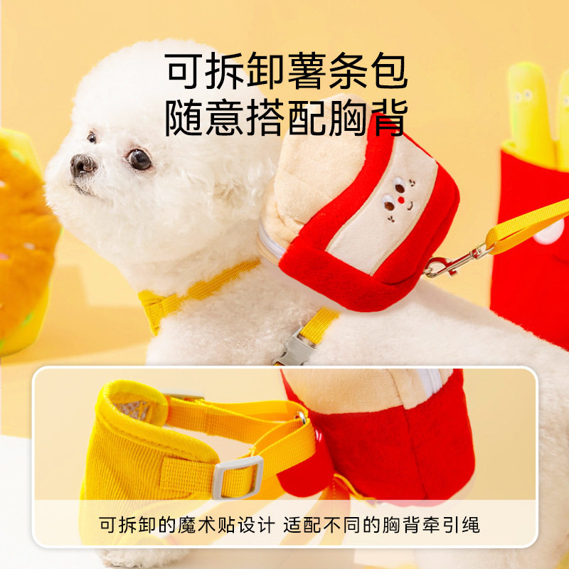 Perro lindo hamburguesa papas fritas mochila correa para mascotas correa de pecho perro caminando cuerda gato caminando cuerda
