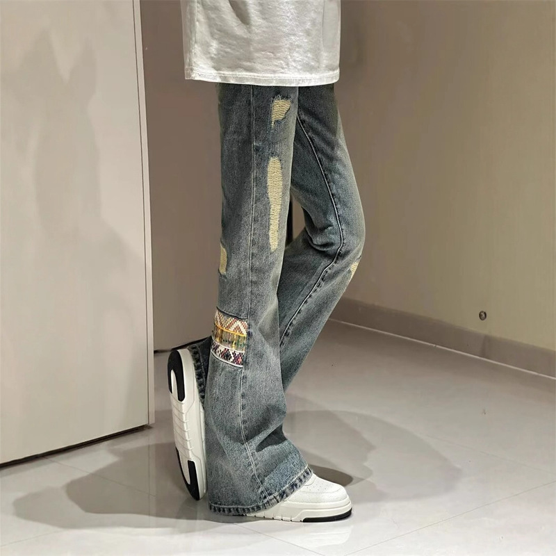 Ethnic Style Patchwork Denim Jeans for Men, American Retro Pants, Clean Fit, Drapey Straight-Leg Flared Pants, Trendy