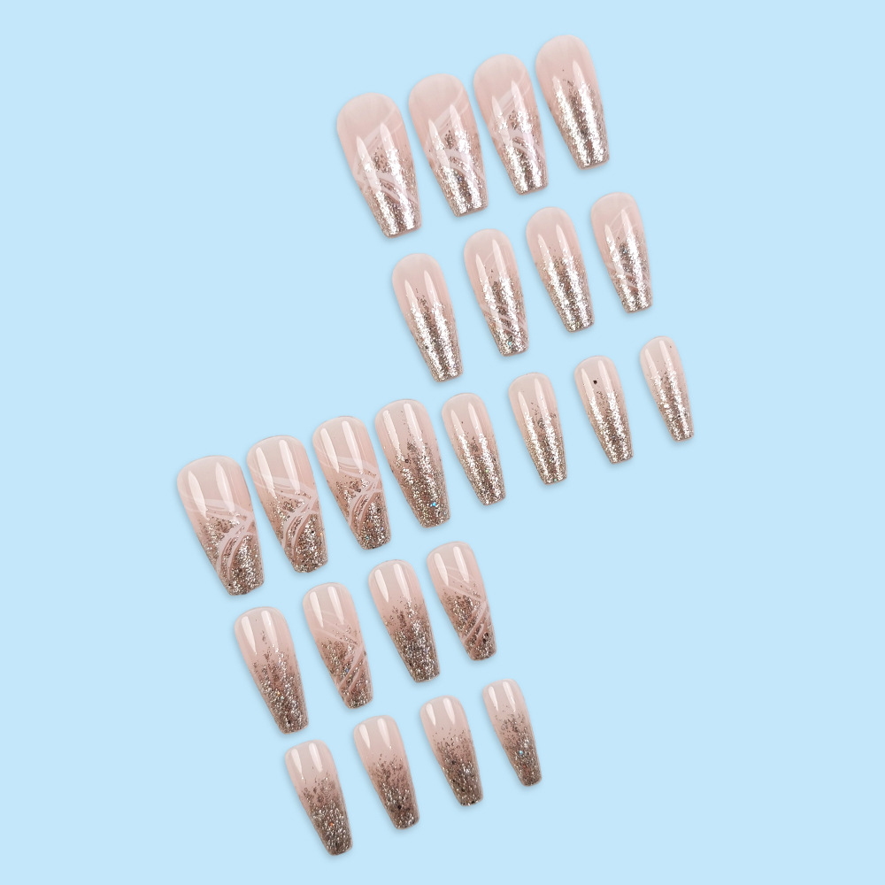 Dulce polvo desnudo, líneas doradas brillante, uñas largas, lujosas, lujosas, 24 piezas de parche de uñas.
