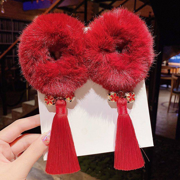 Banda de pelo estilo chino brillante rojo Año Nuevo festivo pelo cuerda felpa borla diadema niños Año Nuevo saludo tocado princesa pelo accesorios