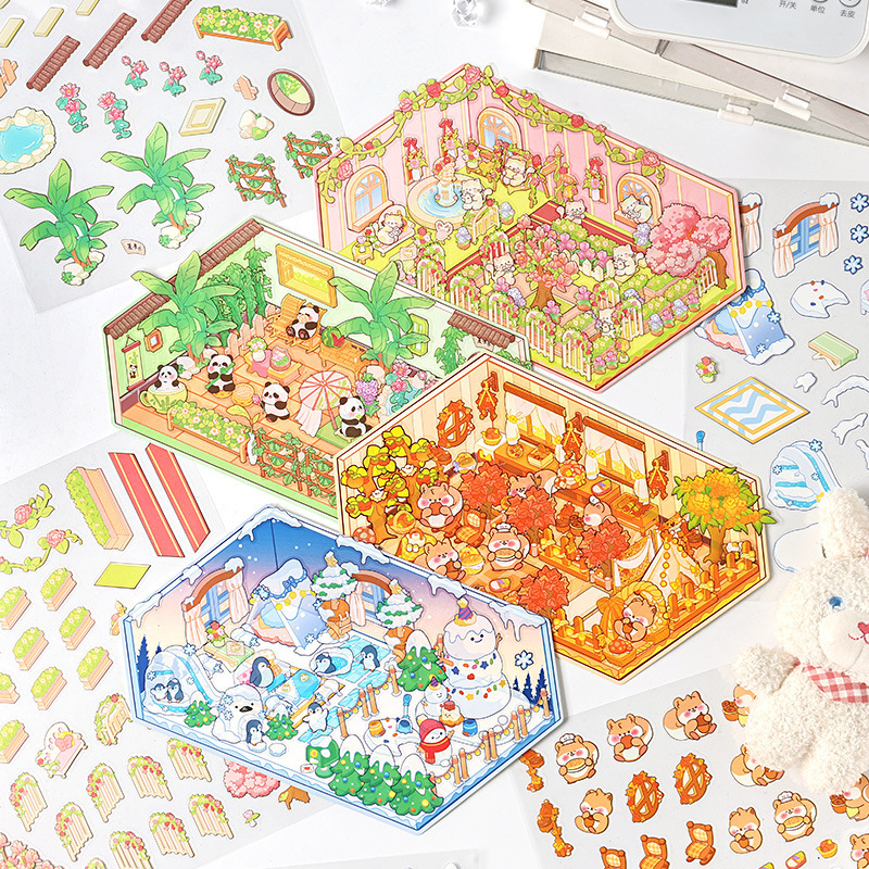 Fantástico cuatro estaciones 3D pegatinas impermeables para mascotas DIY creativas miniaturizadas dibujos animados contabilidad decoración de escenas pegatinas de acertijo