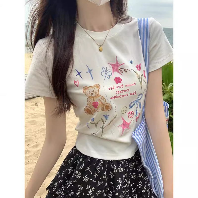 Cute Bear Print Short-Sleeved Right Shoulder T-Shirt Women's 2025 New Summer Slimming Look Versatile Short Top