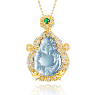 Natural A Jade Blue Water Greeting Fortune God of Wealth Ice Jade Pendant S925 Silver Inlaid Men's and Women's Pendant