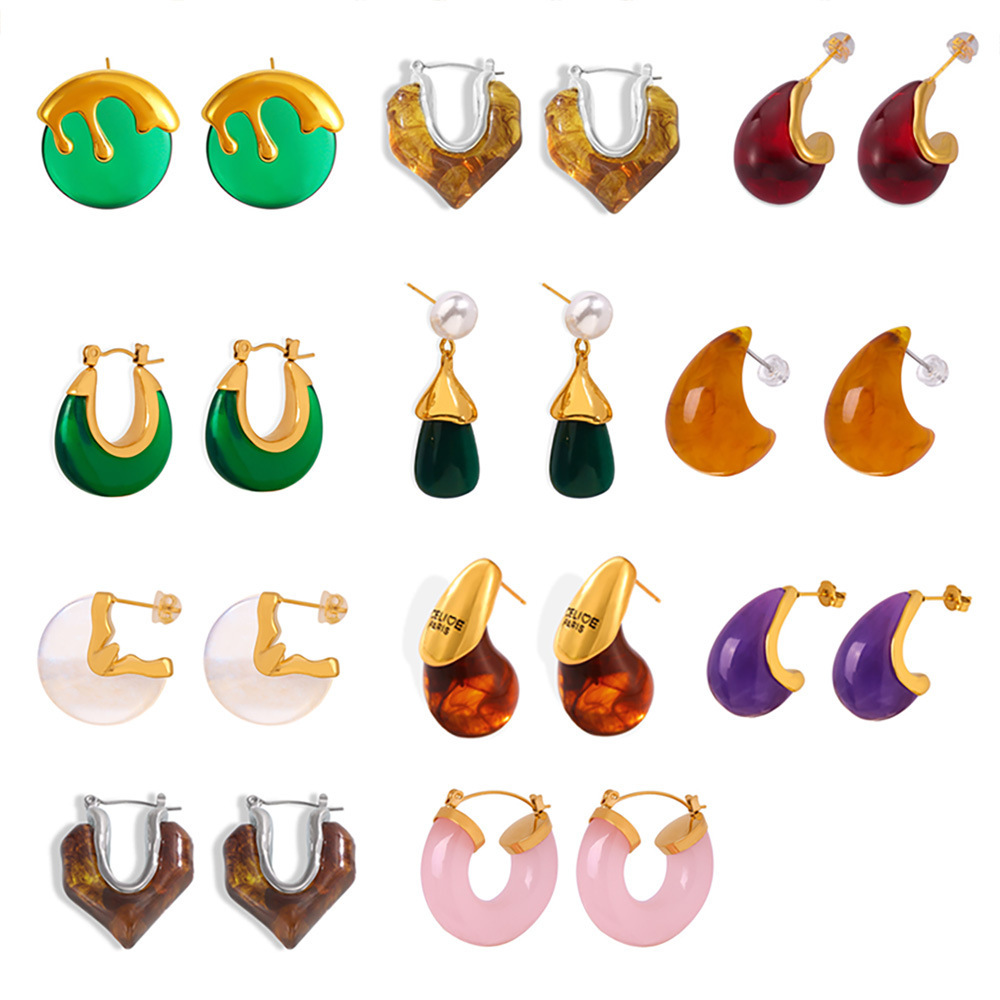 Square Sugar Dopamine Candy Color Light Luxury Resin Colorful Earrings Women's Titanium Steel Exquisite Temperament Earrings Accessories_voghion.com