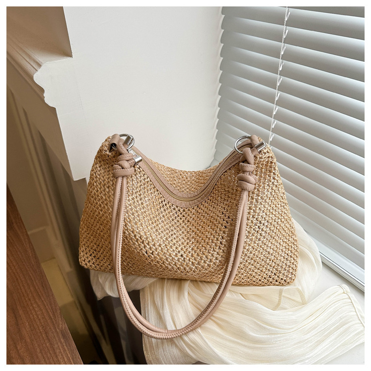 114g Weight Polyester Lining Material Weave Fashion Element Zipper Closure Type Single Shoulder Strap Strap Type Underarm Bag Bags Type Daily, Street, Shopping Occasion Straw Material New Year Festival Solid Color Pattern All Seasons Season Women's Gender Streetwear Style Square Shape Large Size Women's Large Straw Solid Color Streetwear Weave Square Zipper Underarm Bag 4