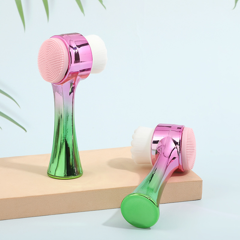 부드러운 실리콘 양면 페이셜 클렌저 수동 페이셜 브러쉬 전기도금 부드러운 머리 블랙헤드 청소 브러쉬 휴대용 미용 도구 브러쉬