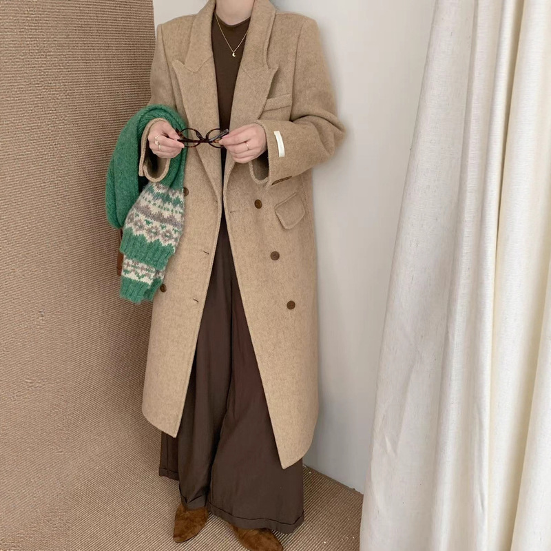 New Herringbone Suit Collar Double-Sided Wool Outwear for Women Double-Breasted Over-The-Knee Extended Slim Outwear