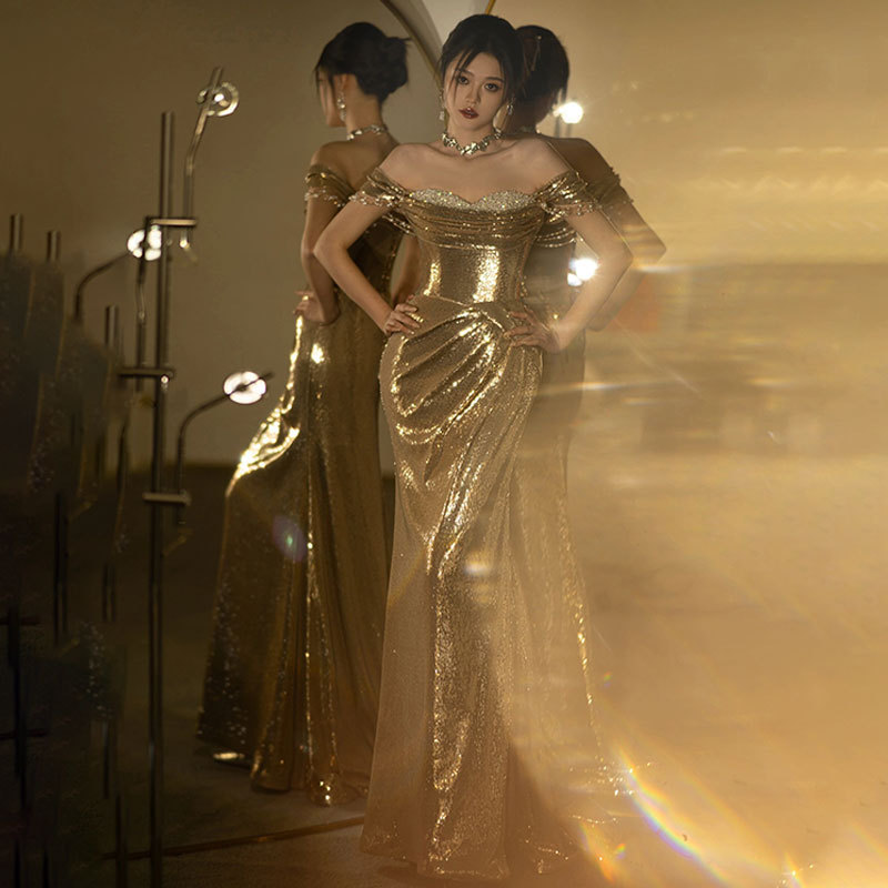 Gold Sequin Evening Dress for Women French One-Shoulder Slim Fishtail Light Luxury High-End Long Dress Host