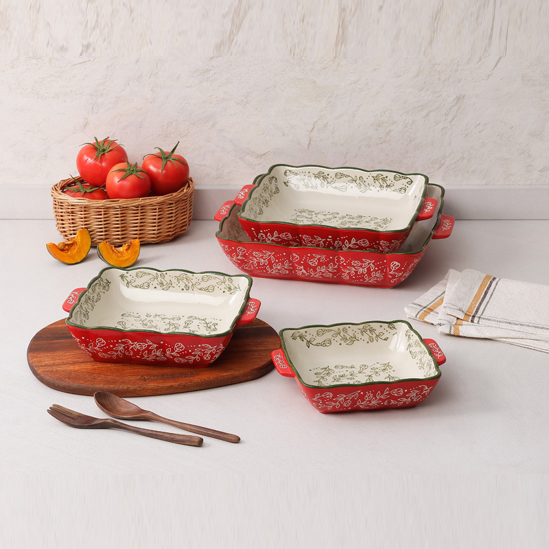 Placa de horneado de cerámica de doble oreja horno de horneado transfronterizo horno de microondas paquete de pedido por correo cuadrado multifuncional tarta de pizza